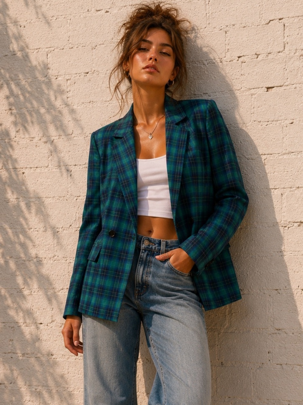 Buddy Love size Small Green Plaid Double-Breasted Academia Blazer Oversized